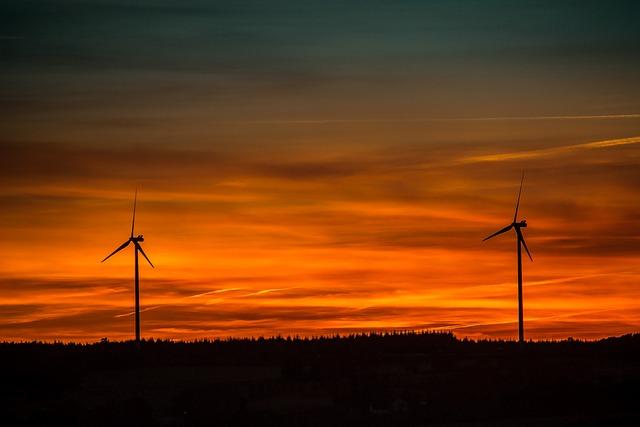 sunset, windmills, silhouettes