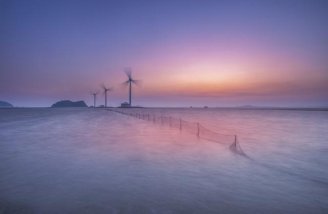 sea, windmills, sunset