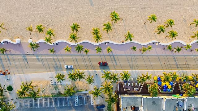 beach, buildings, cars, palm trees, road, sand, beach side, seaside, street, shadows, top view, nature, aerial view, bird's eye view, drone photography, aerial photography