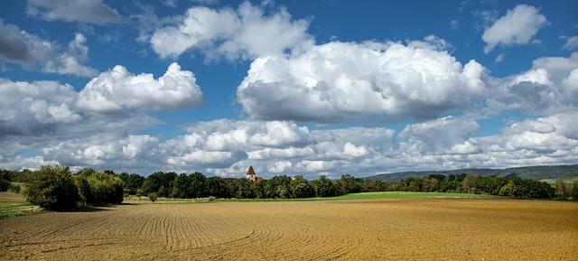 farm, land, clouds