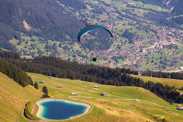 mountains, paraglider, mountain lake