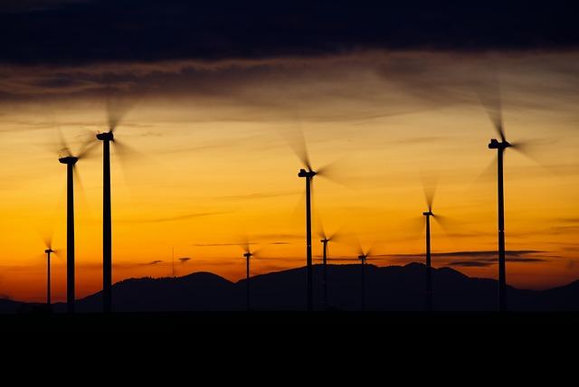 wind turbines, silhouettes, sunset, dusk, twilight, renewable energy, nature, wind power, energy, blue, environmental technology, rotor, power generation, wind energy, power supply, blue sky, landscape, rotor blades, propellers, sky, afterglow, wind park