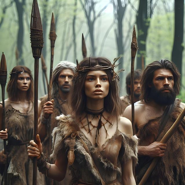 ai generated, group, tribe, hunters, hunting, nature, prehistory, history, fur, spear, forest